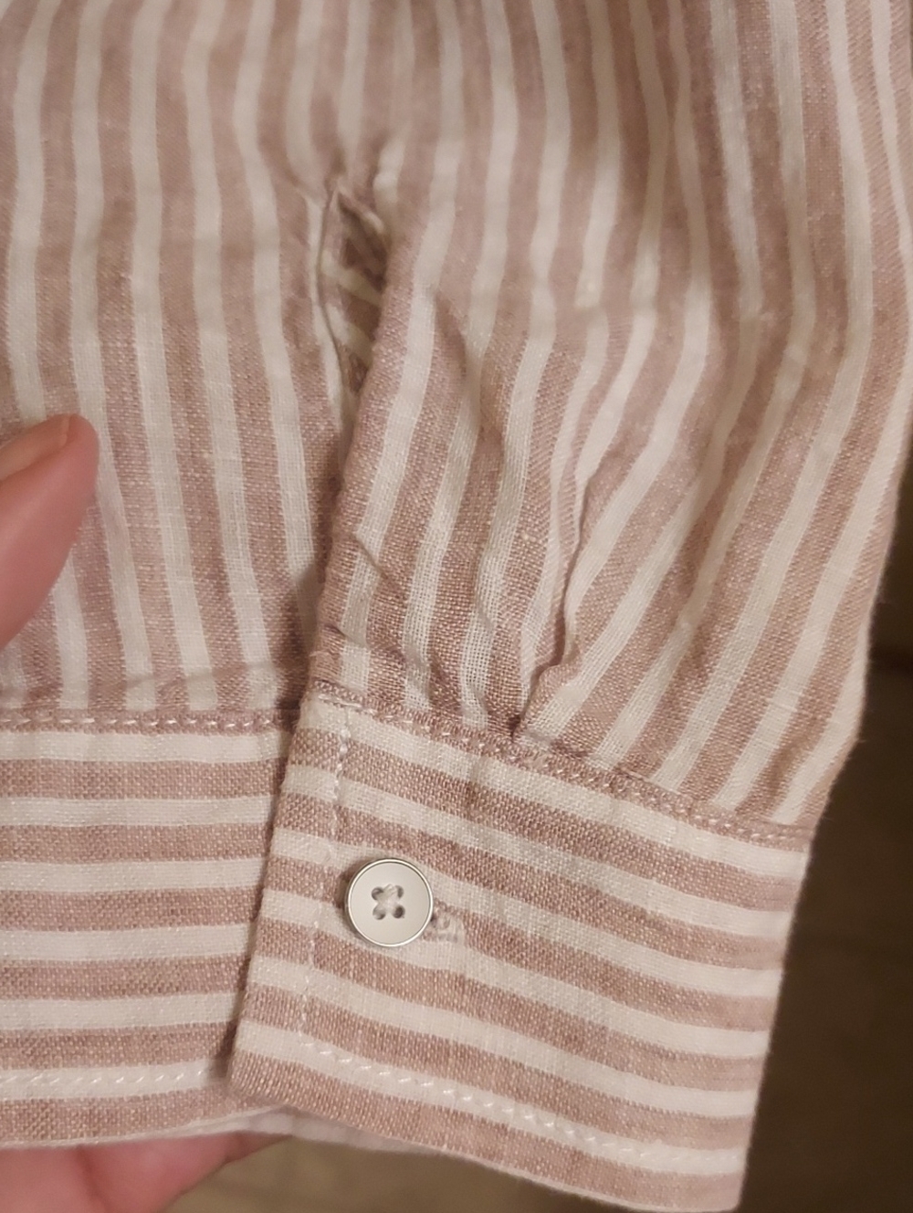 Sigrid Olsen Linen Button-Down Tunic Shirt in Light Tan and White Stripes - Picture 9 of 9